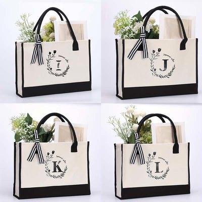 Custom Initial Floral Canvas Tote Shopping Travel Handbag