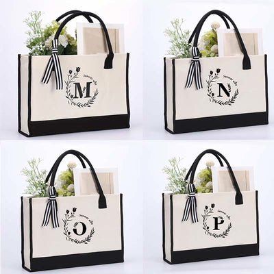 Custom Initial Floral Canvas Tote Shopping Travel Handbag