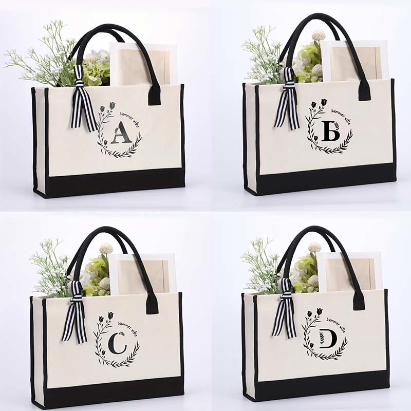 Custom Initial Floral Canvas Tote Shopping Travel Handbag