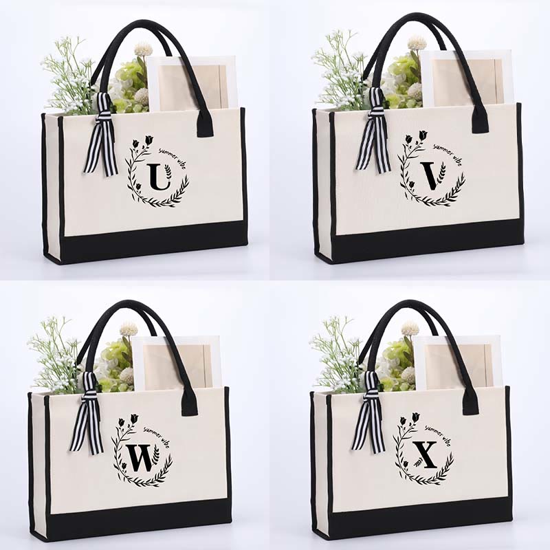 Custom Initial Floral Canvas Tote Shopping Travel Handbag