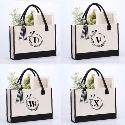Custom Initial Floral Canvas Tote Shopping Travel Handbag
