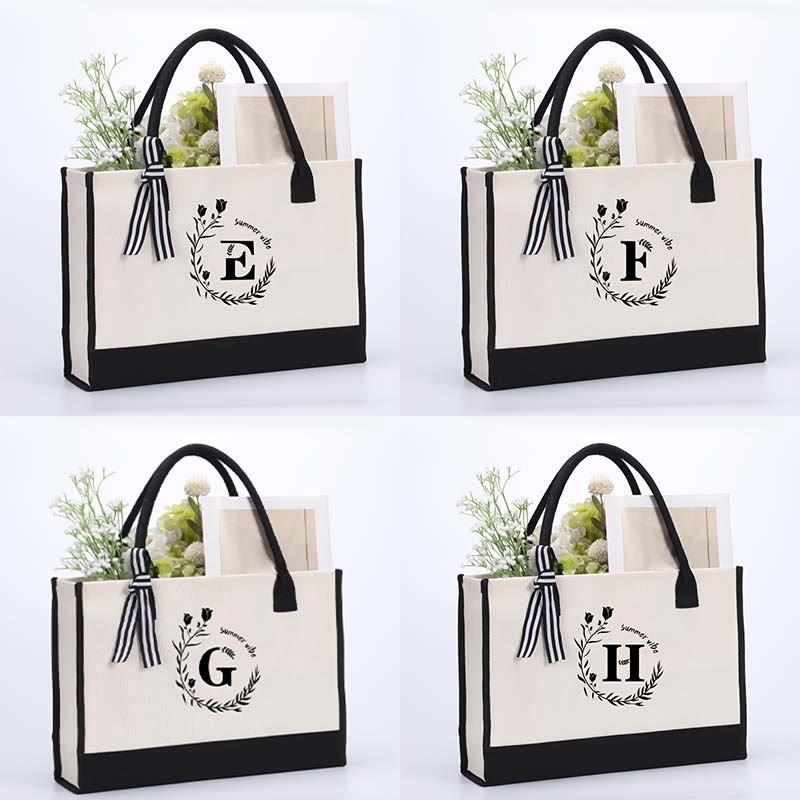 Custom Initial Floral Canvas Tote Shopping Travel Handbag