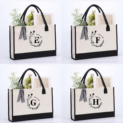 Custom Initial Floral Canvas Tote Shopping Travel Handbag