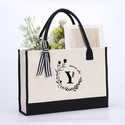 Custom Initial Floral Canvas Tote Shopping Travel Handbag