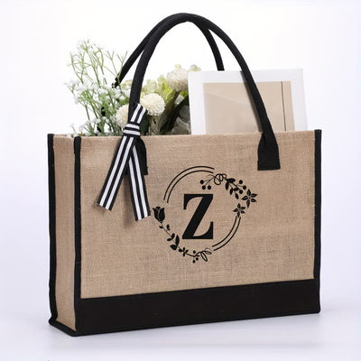 Custom Initial Floral Canvas Tote Shopping Travel Handbag
