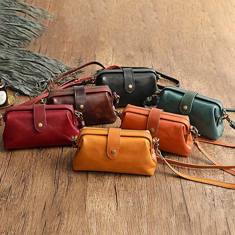 Retro Handmade Real Leather Phone Purse Handbags With Unique Opening