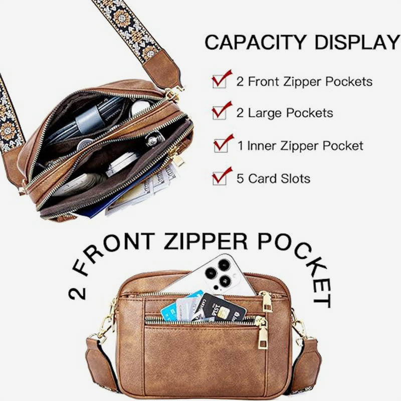 Double Compartment Vegan Leather Crossbody Bag Purses with Adjustable Wide Strap