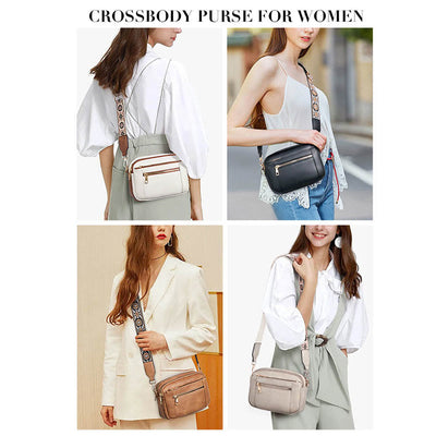 Double Compartment Vegan Leather Crossbody Bag Purses with Adjustable Wide Strap