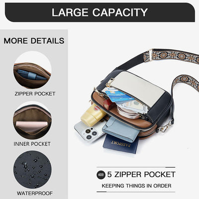 Double Compartment Vegan Leather Crossbody Bag Purses with Adjustable Wide Strap
