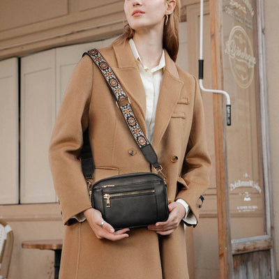 Double Compartment Vegan Leather Crossbody Bag Purses with Adjustable Wide Strap