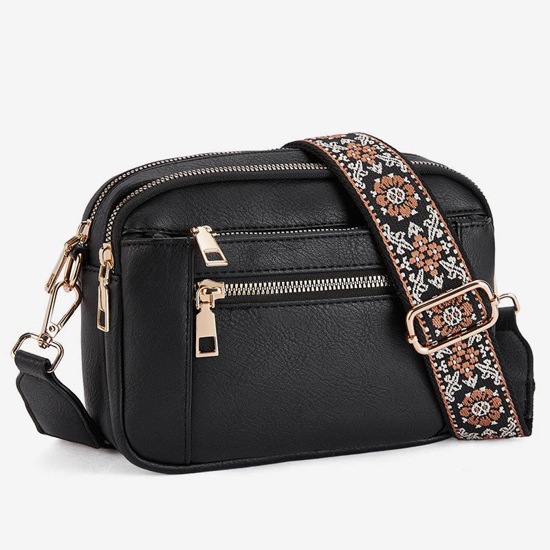 Double Compartment Vegan Leather Crossbody Bag Purses with Adjustable Wide Strap