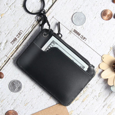 Retro Genuine Leather Small Wallet Zip Coin Purse with Key Chain