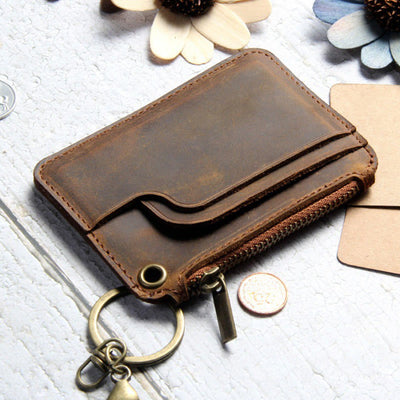 Retro Genuine Leather Small Wallet Zip Coin Purse with Key Chain