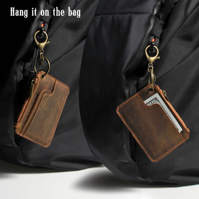 Retro Genuine Leather Small Wallet Zip Coin Purse with Key Chain