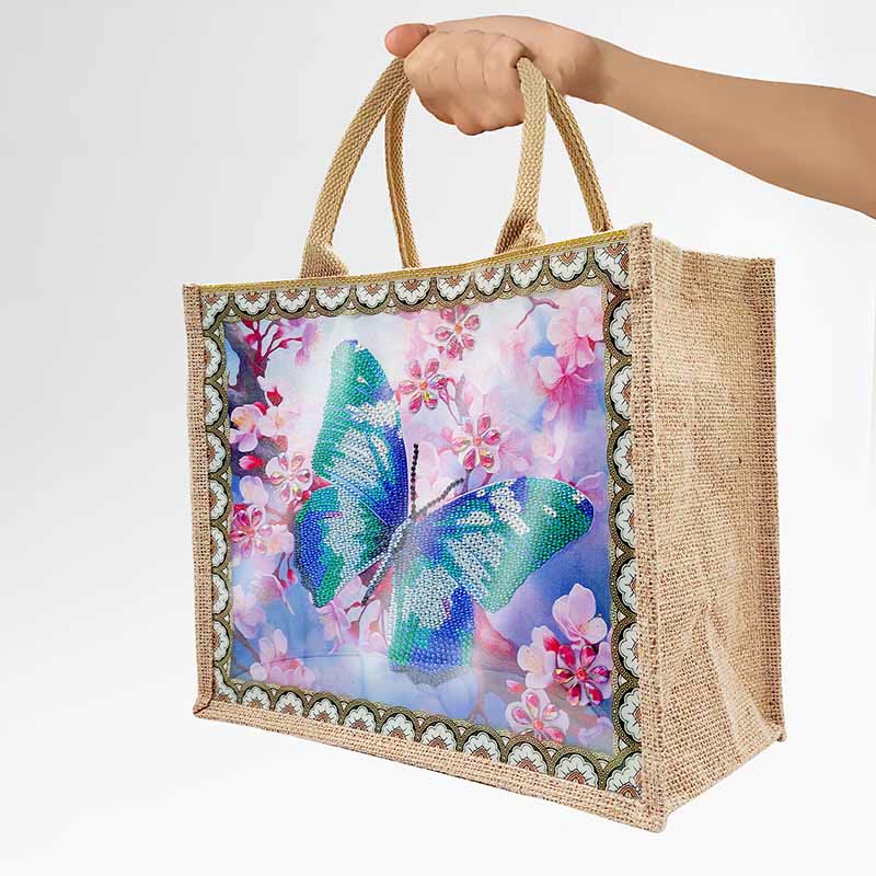 Butterfly and Floral DIY Diamond Art Painting Tote Kit Durable Linen Handbag