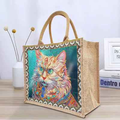 DIY Cat Handbag Linen Diamond Painting Tote Bag Shopping Travel Purse