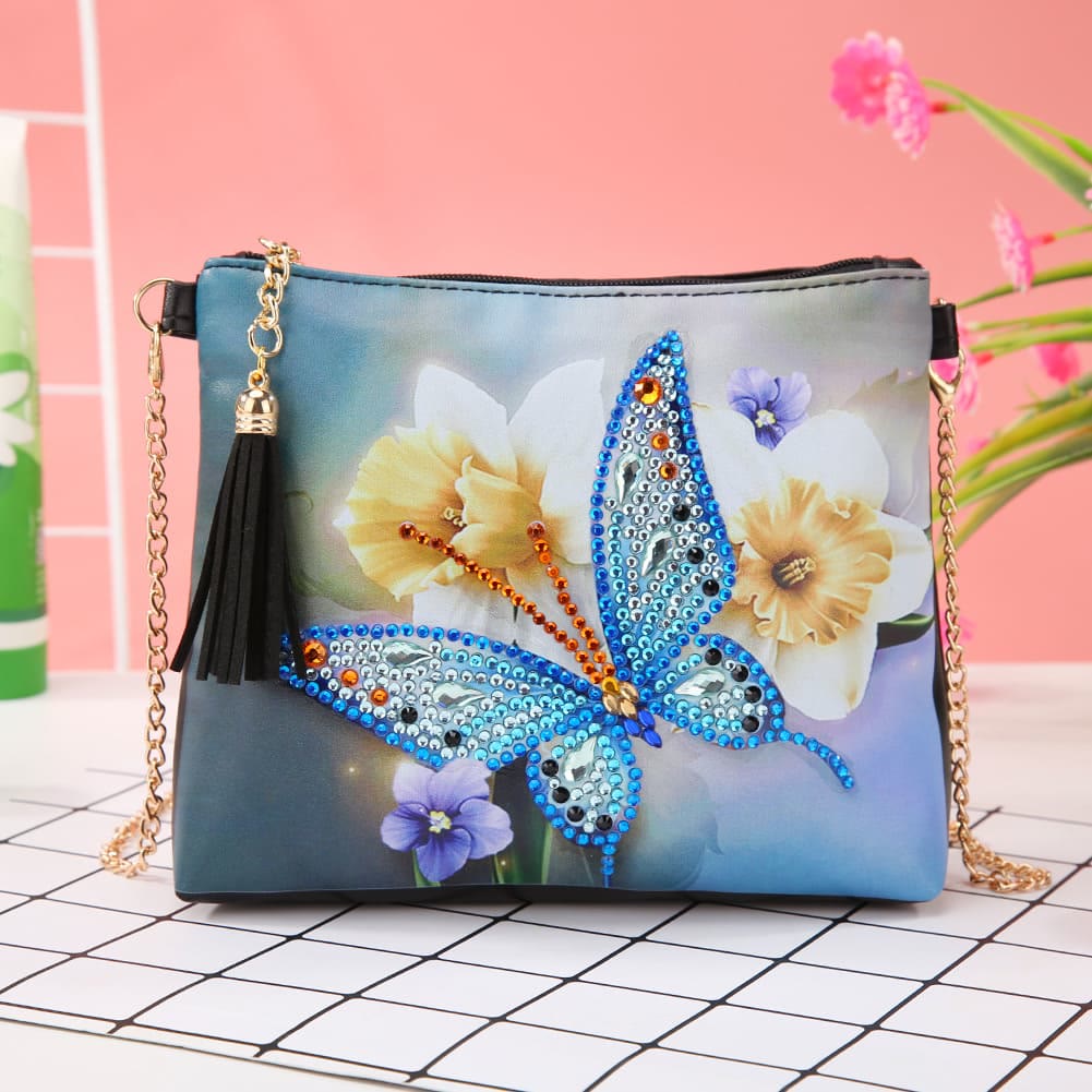 DIY Floral Skull Butterfly Diamond Art Painting Purse Tassel Crossbody Bag