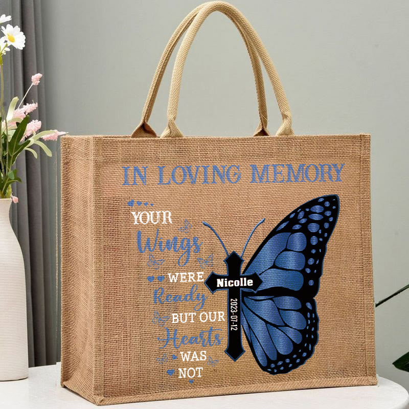 IN MEMORY OF Custom Jute Tote Butterfly Print Large Shopping Purses