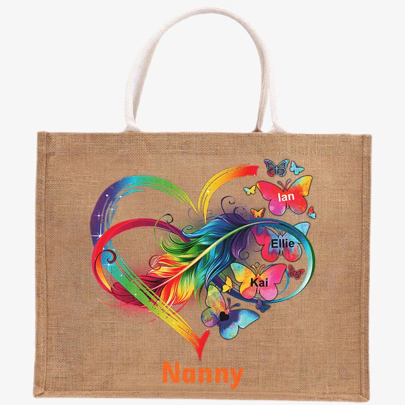 Custom Sweet Heart Butterflies Tote Multifunction Durable Jute Purses Shopping Beach Handbags