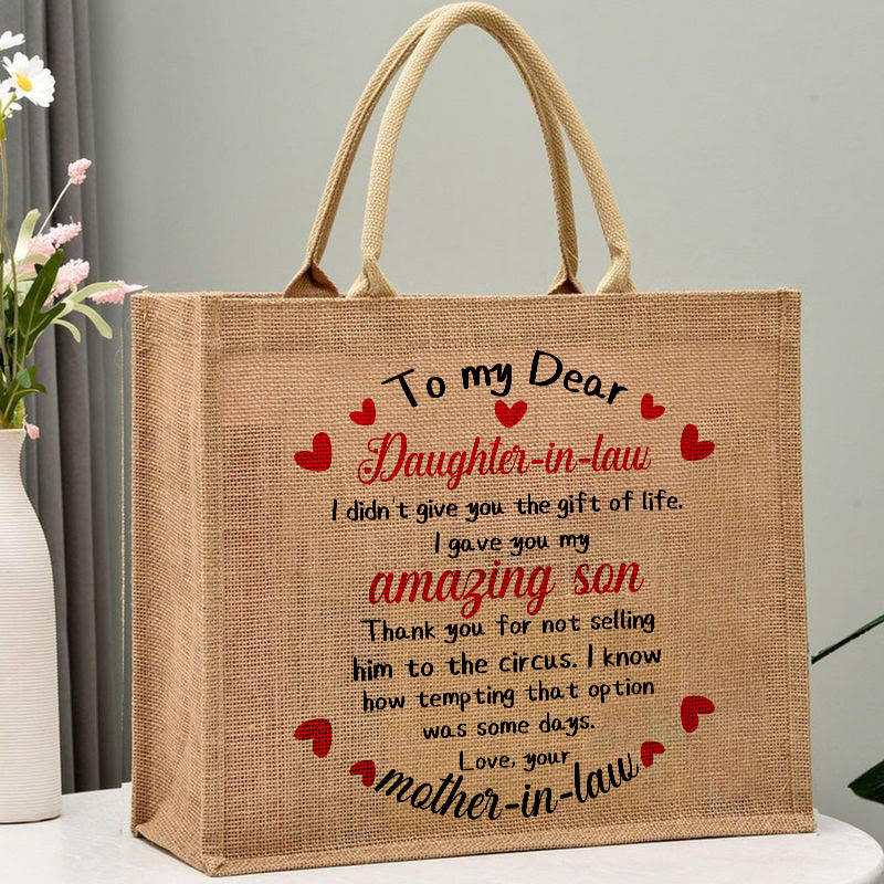 Burlap Bag Tote for Daughter-in-law Large Reusable Jutes Bags with Canvas Handles