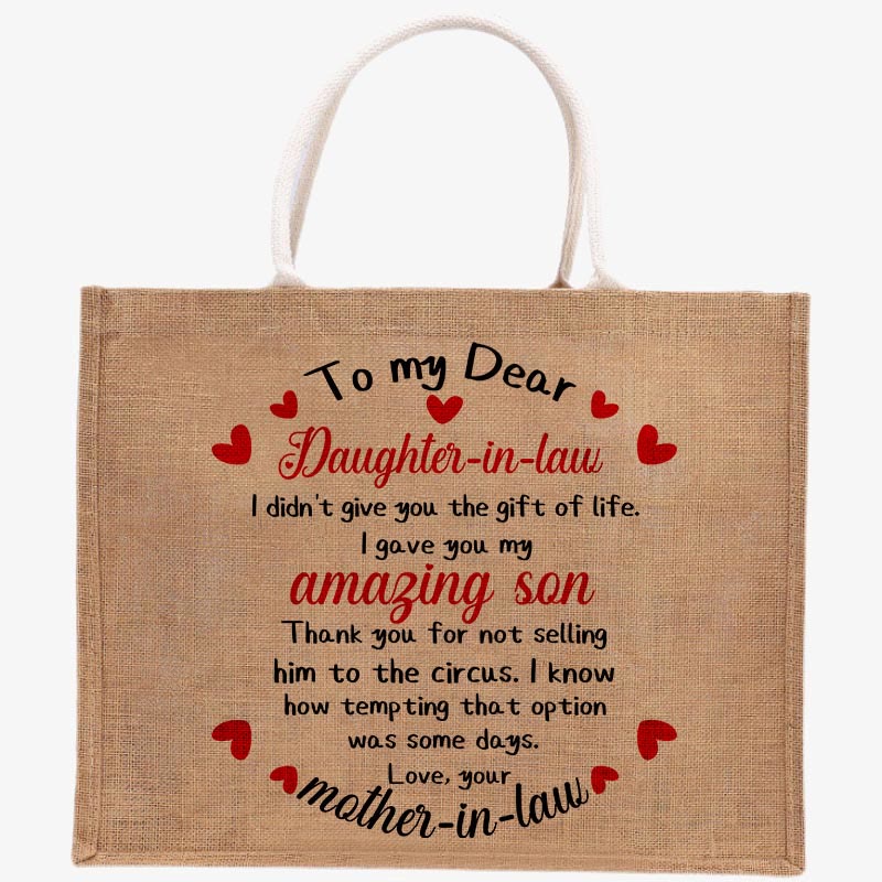 Burlap Bag Tote for Daughter-in-law Large Reusable Jutes Bags with Canvas Handles