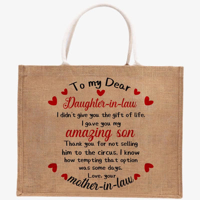 Burlap Bag Tote for Daughter-in-law Large Reusable Jutes Bags with Canvas Handles