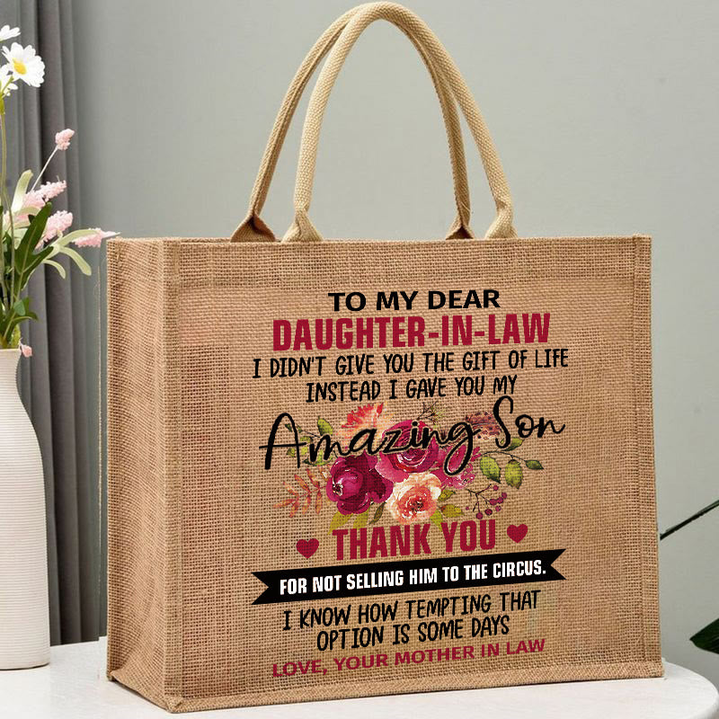 Floral Print Burlap Tote Bags Gift for Daughter-In-Law Large Travel Shopping Shoulder Bag
