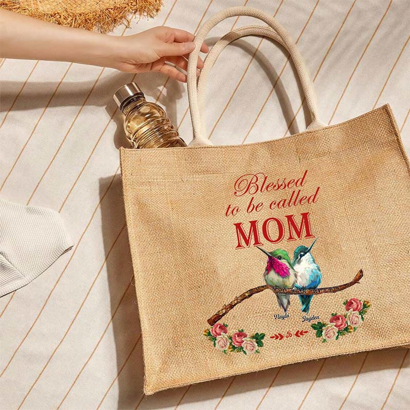 Custom Birds Family Burlap Tote Functional Jute Handbag Purses
