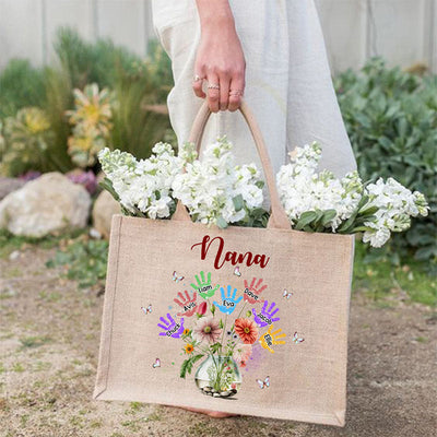 Personalized Handprint Name Jute Tote Bag Large Shopping Travel Beach Handbag