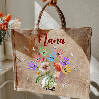 Personalized Handprint Name Jute Tote Bag Large Shopping Travel Beach Handbag