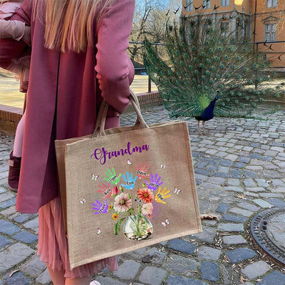 Personalized Handprint Name Jute Tote Bag Large Shopping Travel Beach Handbag