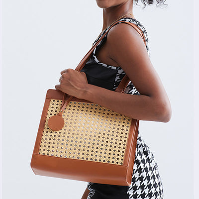 Woven Tote Bag Shoulder Purse Vintage Hollow-Out Travel Beach Handbags