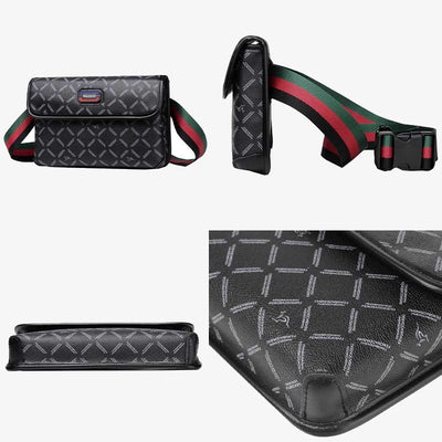 Men Leather Sling Bag Black Plaid Crossbody Bag Chest Shoulder Pack