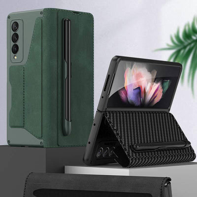 Leather Wallet Case For Galaxy Z Fold 3/4 With Removable S Pen Holder Kickstand