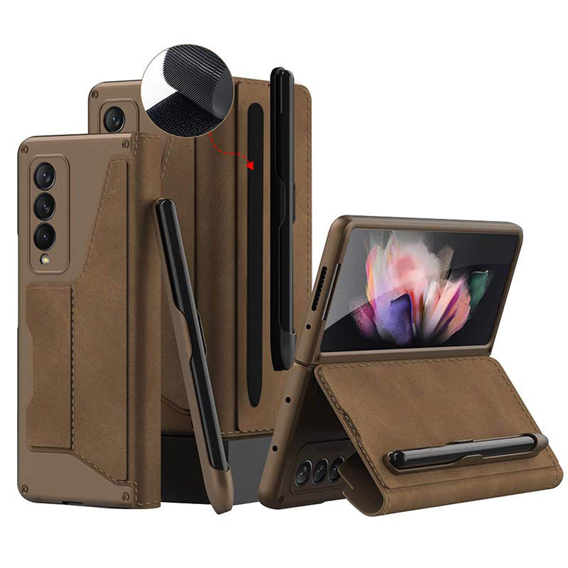 Leather Wallet Case For Galaxy Z Fold 3/4 With Removable S Pen Holder Kickstand