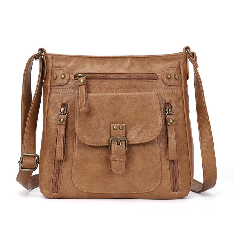 Retro Soft Washed Leather Multi Pocket Crossbody Bags for Women Lady