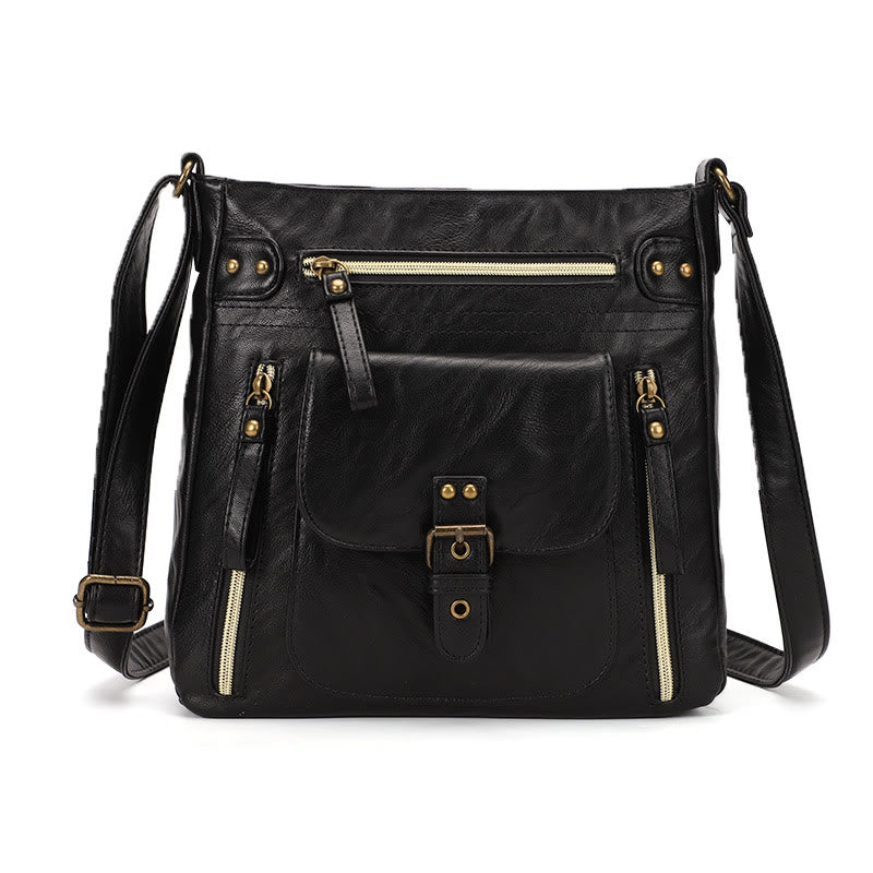 Retro Soft Washed Leather Multi Pocket Crossbody Bags for Women Lady