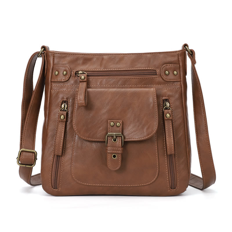 Retro Soft Washed Leather Multi Pocket Crossbody Bags for Women Lady