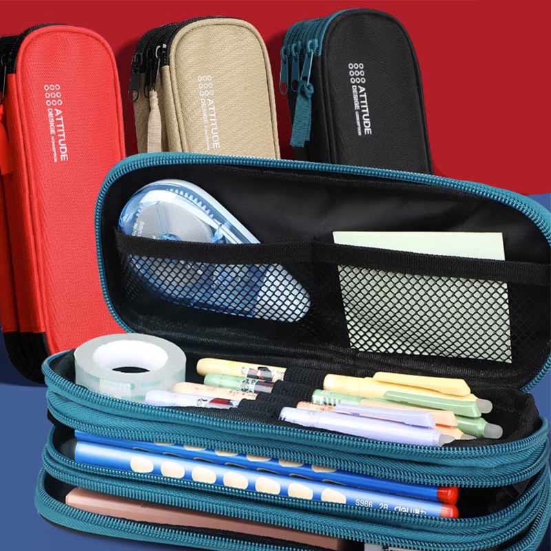 Triple Zip Big Capacity Pencil Case Office College School Pen Pouch