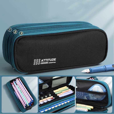 Triple Zip Big Capacity Pencil Case Office College School Pen Pouch