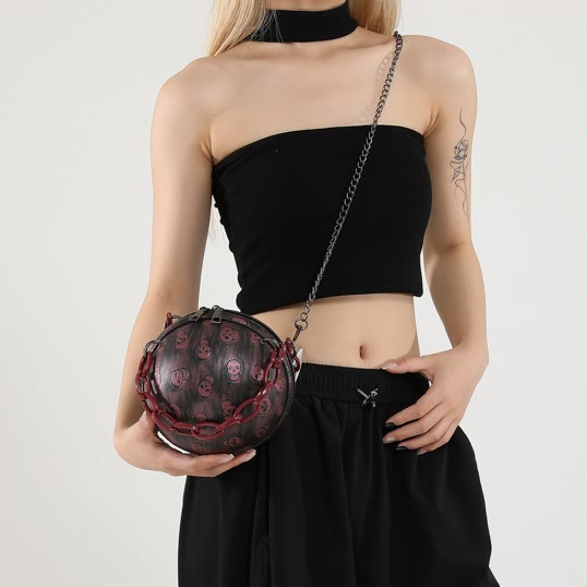 Halloween Party Bag Faux Leather Round Skull Printed Handbag