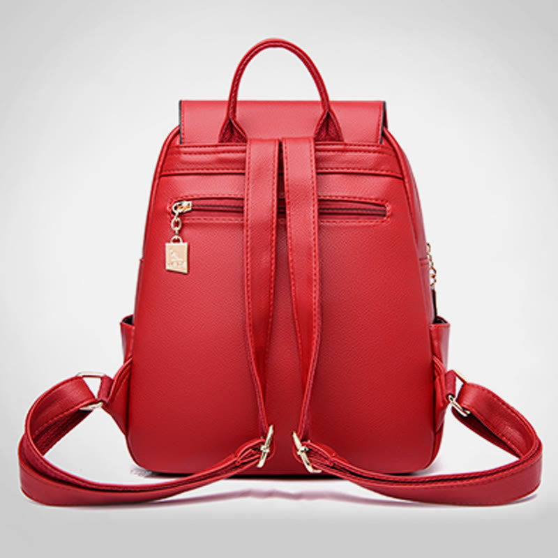 Leather Backpack For Women Short Travel Simple Solid Color Daypack