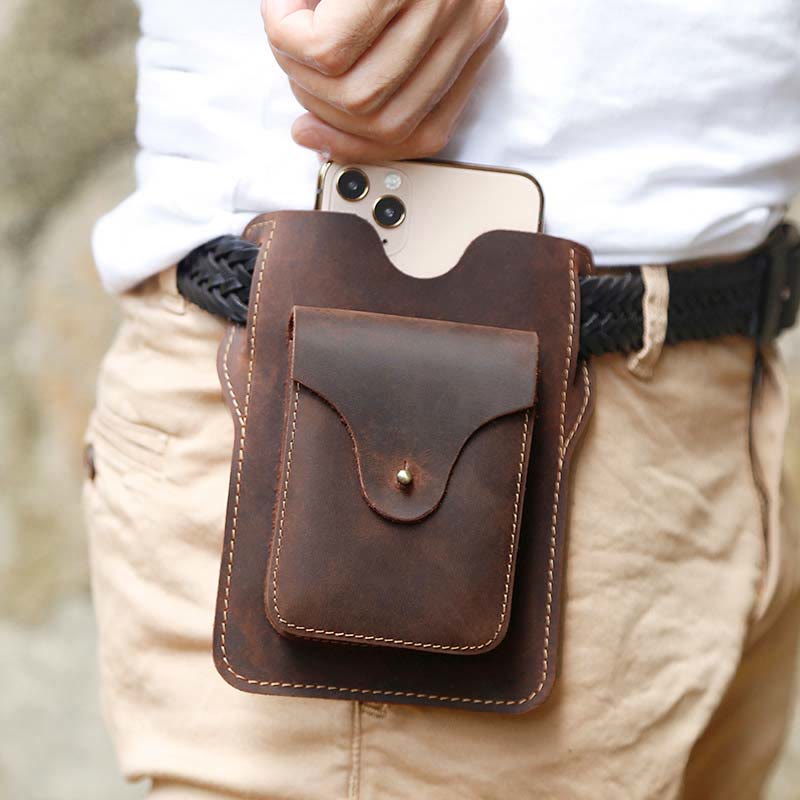 Real Leather Phone Holster 6.5" Phone Belt Pouch Waist Bag with Belt Loop