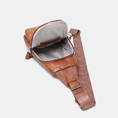 Retro Engraved Pattern Faux Leather Rivet Sling Bag Shoulder Pack