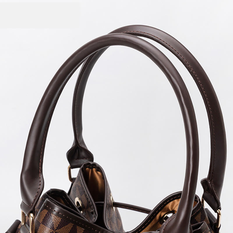 Large Capacity Geometry Print Vegan Leather Drawstring Tote Bucket Purse