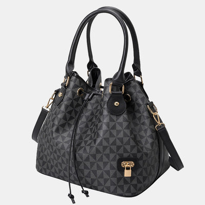 Large Capacity Geometry Print Vegan Leather Drawstring Tote Bucket Purse