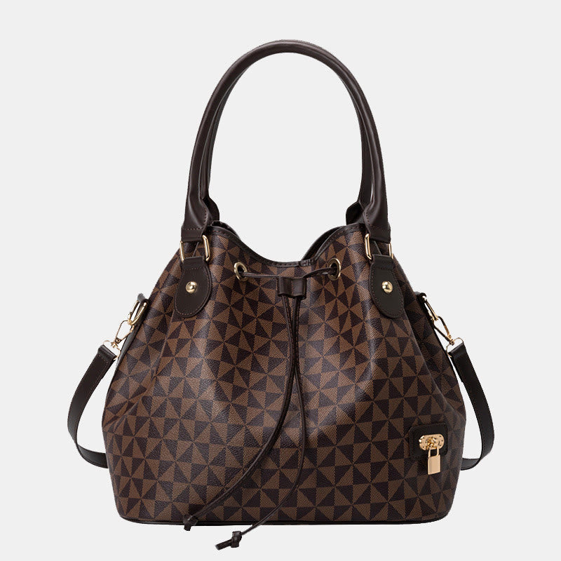 Large Capacity Geometry Print Vegan Leather Drawstring Tote Bucket Purse