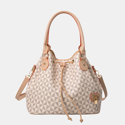 Large Capacity Geometry Print Vegan Leather Drawstring Tote Bucket Purse
