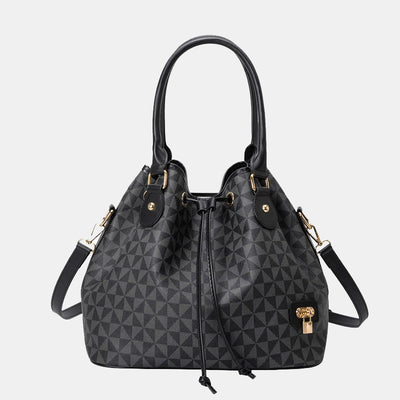 Large Capacity Geometry Print Vegan Leather Drawstring Tote Bucket Purse