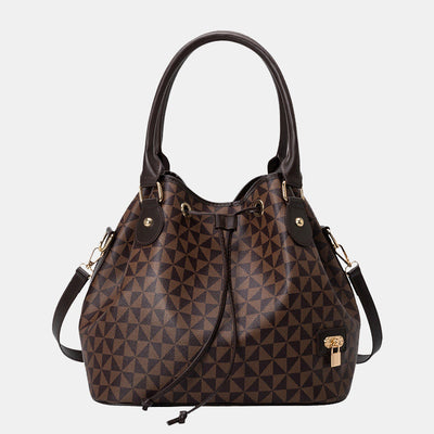 Large Capacity Geometry Print Vegan Leather Drawstring Tote Bucket Purse
